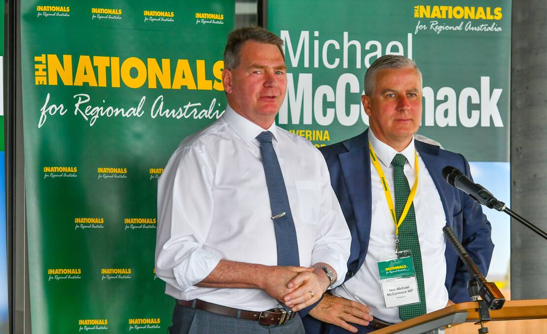 HISTORY: Nationals senator Steve Martin and Deputy Prime Minister Michael McCormack at the first Tasmanian Nationals state conference on Saturday. Picture: Scott Gelston
