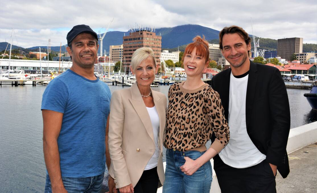 The Gloaming stars Aaron Pedersen, Emma Booth and Ewen Leslie, pictured with Arts Minister Elise Archer (second from left). 