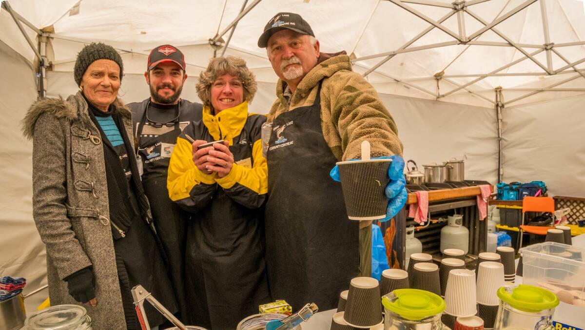 Volunteers Glenda Youd, Ben Glowacki, Meg Crowley, and Wayne Turale kept a supply of soup and hot drinks coming at the Central Highlands stages of the World Fly Fishing Championships. Picture: Phillip Biggs 