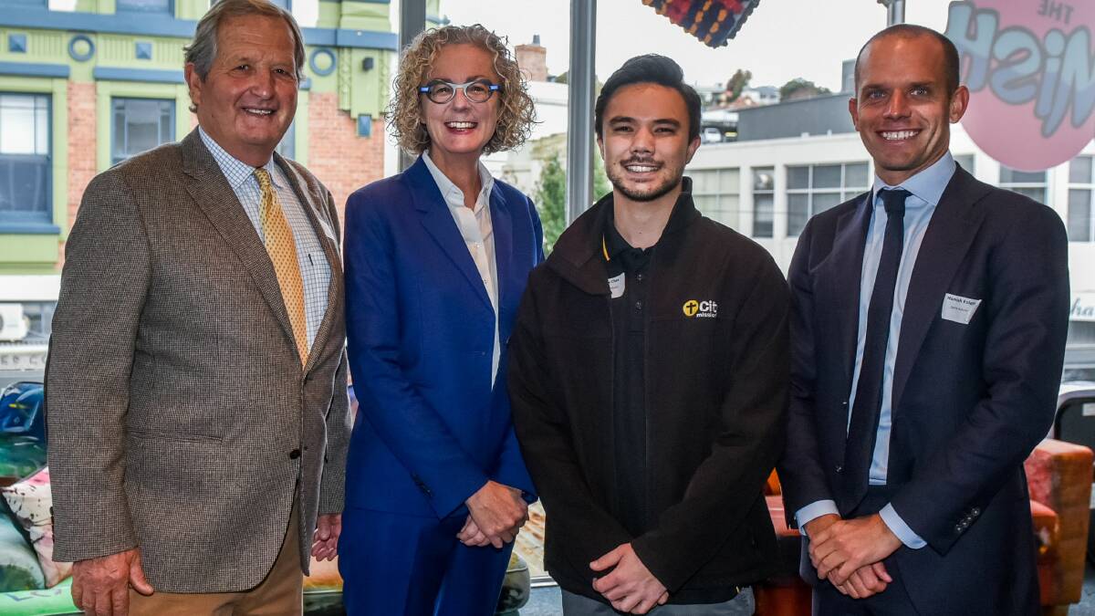 SUPPORT: Nicholas d'Antoine from Good Hope Foundation Longford, chief executive of Future Generation Louise Walsh, Alex Chee from City Mission and Hamish Foletta from Sarto Advisory Sydney at a corporate philanthropy breakfast for Mish Makers. Picture: Neil Richardson 