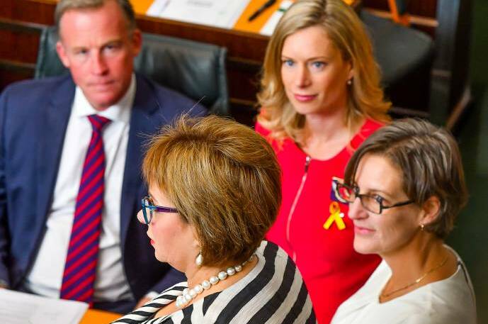Will Hodgman (left) when Sue Hickey (foreground) was announced Speaker of the House. Picture: Scott Gelston