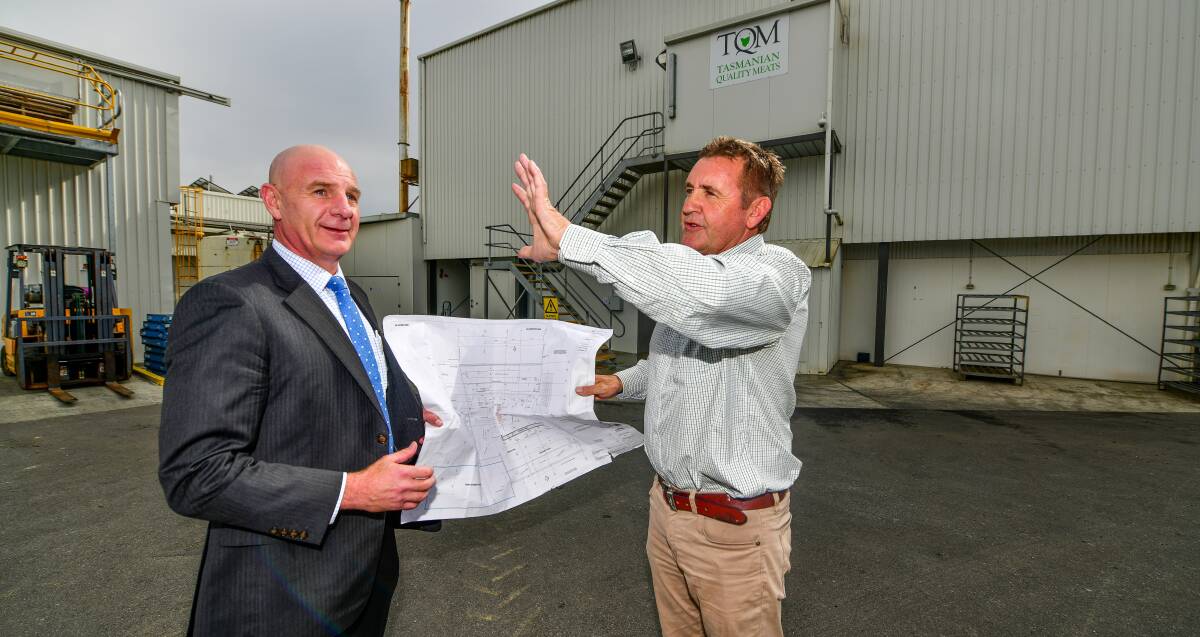 EXPANSION: Treasurer Peter Gutwein with Tasmanian Quality Meats owner Brian Oliver. Picture: Scott Gelston