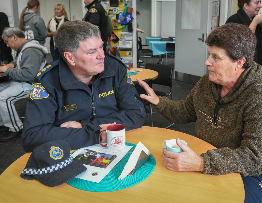 CUPPA AND A CHAT: Inspector Michael Johnson talks with Deb Gillespie of Rocherlea at the Northern Suburbs Community Centre. Picture: Paul Scambler 