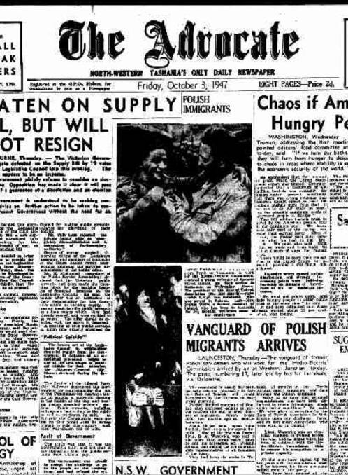VANGUARD: The front page North-West newspaper The Advocate on October 3, 1947, marking the arrival of the Polish Rats of Tobruk. Picture: Trove