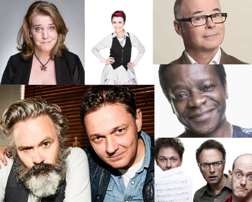 COMEDY CENTRAL: (Clockwise from top left) Georgie Carroll, Cal Wilson, Andy Askins, Stephen K Amos, Tripod, and Gatesy and McDermott. Pictures: Supplied 