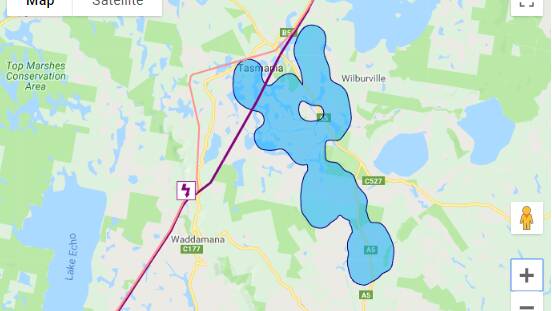 WINDING UP AMBITIONS: There could be up to 80 wind turbines in the blue area on this map. The pink and purple lines indicate existing power lines. Picture: Google Map created bu Epuron 