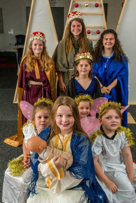 ANGELIC: (Back) Amelia Reeve, Lilly Reeve, Mayah Brown and Cadence Brown, (front) Lucy King as Mary, with angels Grace Beams, Roxy Hunter and Sienna Keogh. Picture: Phillip Biggs