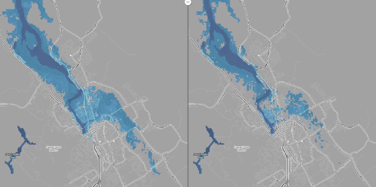 CHANGE: Launceston from the year 2100 if the global temperature increases four degrees (left) and two degrees (right). Picture: Surging Seas Mapping Choices