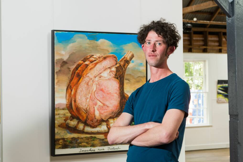 MEATY: Robert O'Connor, of Hobart, with his Glover Prize-winning work Somewhere on the midlands. Picture: Phillip Biggs 