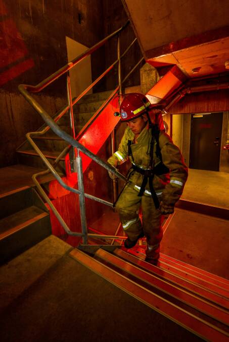DEDICATED: Glengarry brigade chief Liam Cox training for the Melbourne Firefighter Stair Climb. Picture: Scott Gelston 