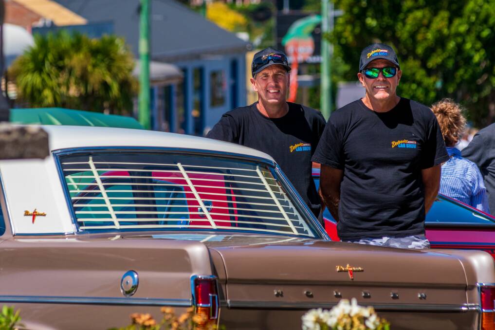 ANNUAL SUCCESS: Deloraine Street Car Show co-organisers Grant Evans and David Sherriff on Sunday. Picture: Phillip Biggs 