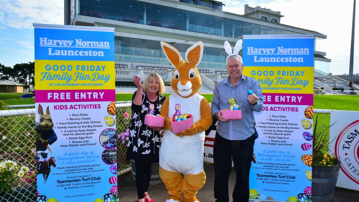 PREPARATIONS:  Kathy Hill, Peter Rabbit and Peter Scott are all ready for the Mowbray Easter family fun day. Picture: Neil Richardson
