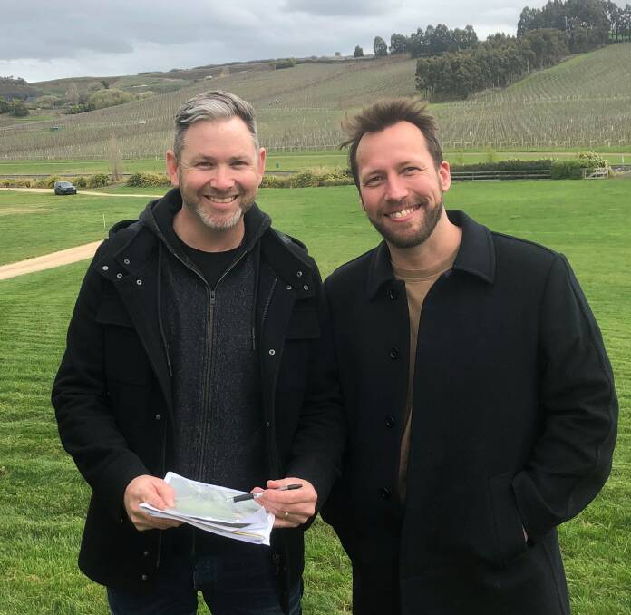 PLANNING: Summer Moon commercial director Bede Clifton and promoter Matt Gower at Josef Chromy Wines. Picture: Frances Vinall 