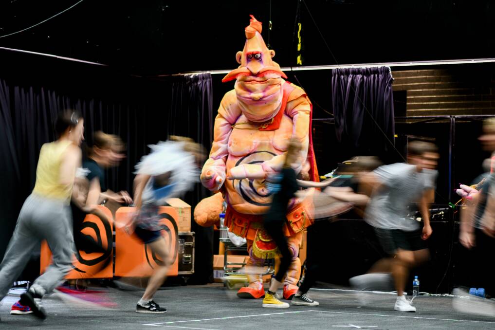 Launceston College students rehearse in front of the Pa Ubu puppet.