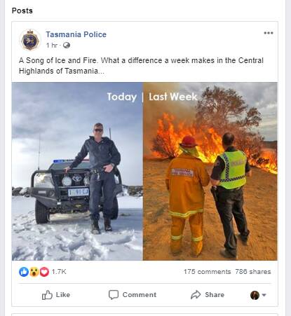 WHAT NEXT: Tasmania Police's Facebook post showing 'A Song of Ice and Fire' in the Central Highlands was a hit. Picture: Facebook 