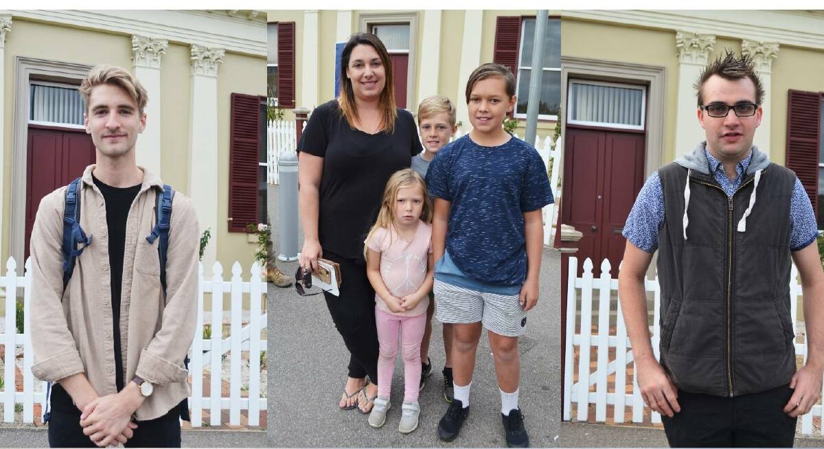 UNCERTAIN: Hamish Trenant; Allie Hill with Ella, Jayden, and Jack; and Hayden Scott in the Centrelink queue on Wednesday. Pictures: Frances Vinall