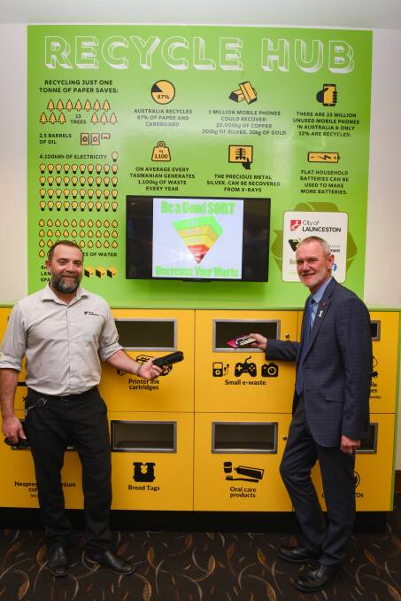 ECO-FRIENDLY: Mayor Albert van Zetten and City of Launceston waste and environment officer Michael Attard at the new recycling hub. Picture: Paul Scambler 