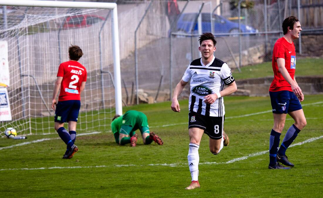 Launceston City's Daniel Syson celebrates after scoring in the NPL Tasmania match against South Hobart on Saturday. Picture: Solstice Digital.