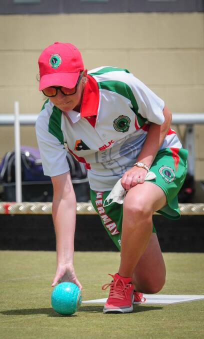 Down to the ground: Invermay's Candice Hodgetts gets low to release her shot in the Bowls North Saturday Pennant match against Trevallyn. Picture: Paul Scambler.