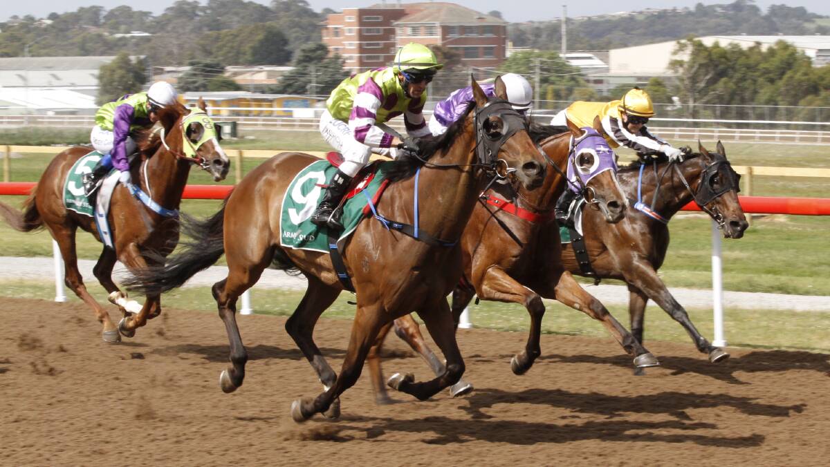 Bound for the Cup: Willby Rules (outside) finishes off strong to win the Golden Mile on Friday. Picture: Brad Cole.