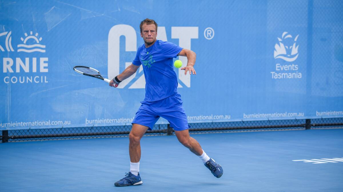 Men's top seed Mirza Basic prepares to hit a forehand in his match against Luke Saville at the Burnie International on Wednesday. Picture: Paul Scambler.