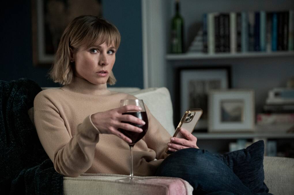 SUSPICIOUS: Kristen Bell stars as Anna in Netflix's wordy psychological thriller satire, and (below) Lily James and Sebastian Stan star as Pamela Anderson and Tommy Lee. Pictures: Netflix, Disney+