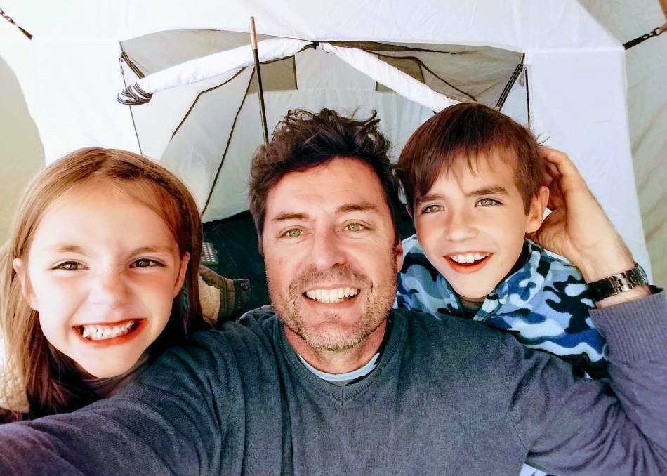  Aussie teacher Michael Doherty with children Valentine, 6, and Salvador, 10, camping in their Madrid apartment during the coronavirus lockdown. Picture: Supplied
