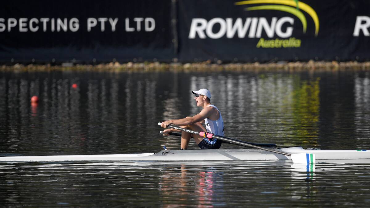 GOLD: North Esk's Jack Barrett crosses the line first in the under-21 men's single scull. Picture: Rowing Australia