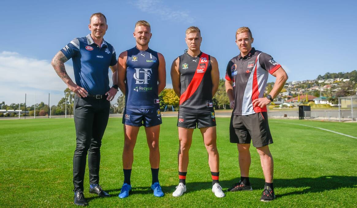 BIG GUNS: Launceston coach Mitch Thorp and stand-in captain Jake Hinds with North Launceston skipper Jay Foon and coach Brad Cox-Goodyer. Picture: Craig George