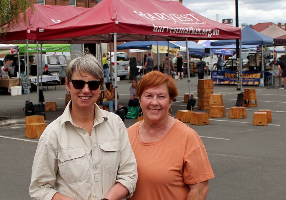 Richmond Cherries' Sally Dakis and Penna Valley Farm's Margaret Easton at the Launceston Harvest Market. Picture by Hamish Geale 