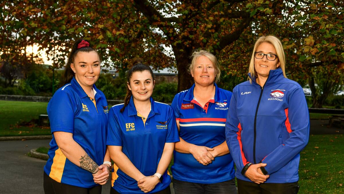 NTFAW players, Evandale co-captains Courtney Grice and Courtney Sharman, South Launceston's assistant coach Kate Child and co-captain Abbi Dean. Picture: Scott Gelston.