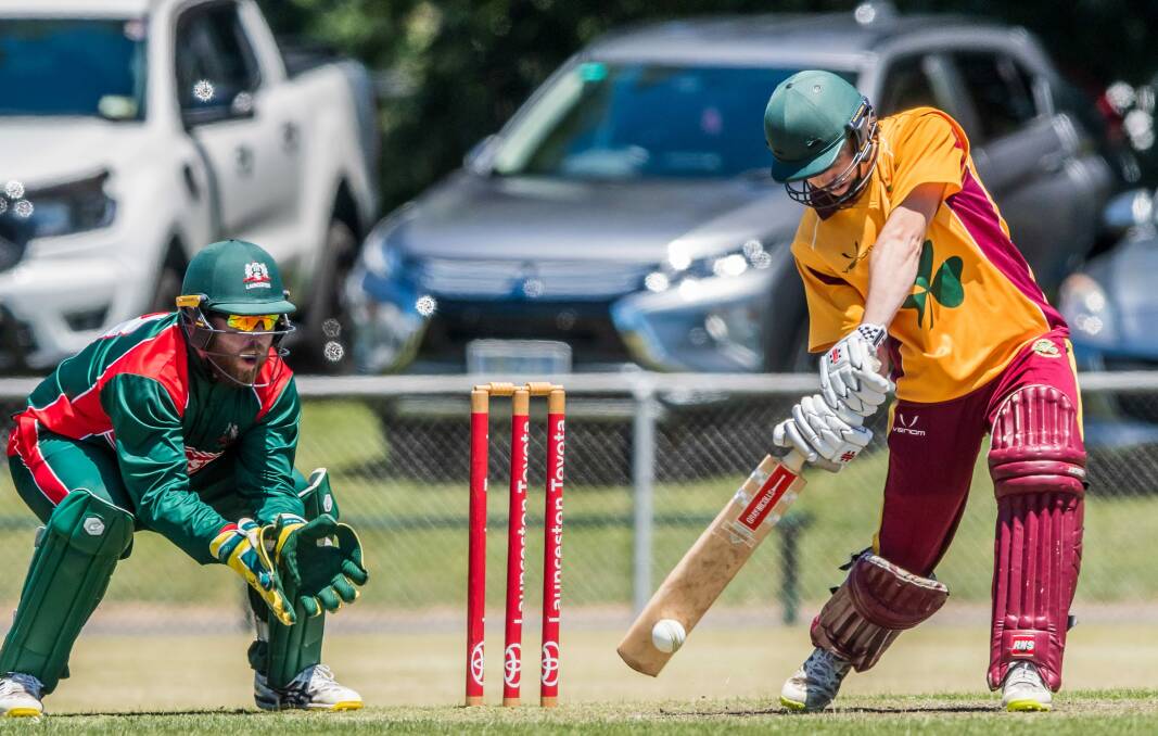 JOE SHOW: Westbury's Joe Griffin drives through the covers in a super over loss to Launceston. Pictures: Phillip Biggs