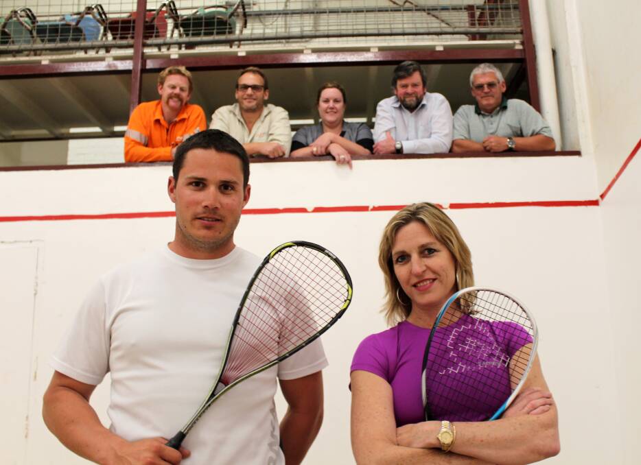 COURTING A MOVE: Deloraine Squash Club member Cory Youd and squash champion and court developer Sarah Fitz-Gerald meet with Patrick Sheehan, Cameron Dalley, Laura Richardson, Rodney Synfield and Rodney Youd to discuss the construction of a new squash facility in Deloraine. Picture: Hamish Geale 