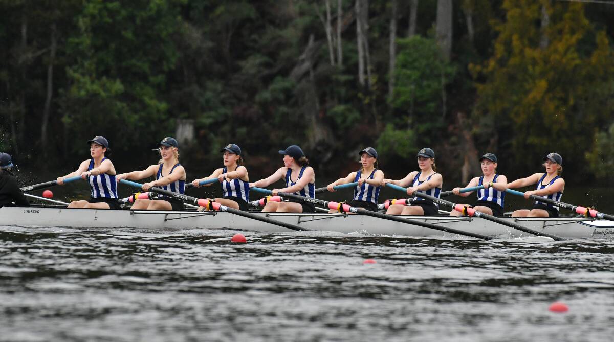 OARS IN: Launceston Church Grammar School competes in the under-16 girls eights at the Head of the River at Lake Barrington. Picture: Brodie Weeding