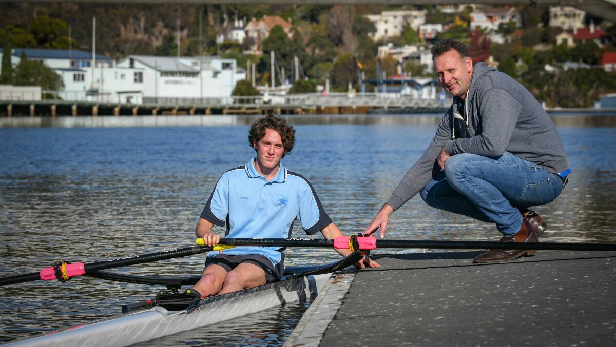 RIVER ROYALTY: North Esk rower Connor Ryan takes some tips from TIS rowing coach Brendan Long. Picture: Paul Scambler