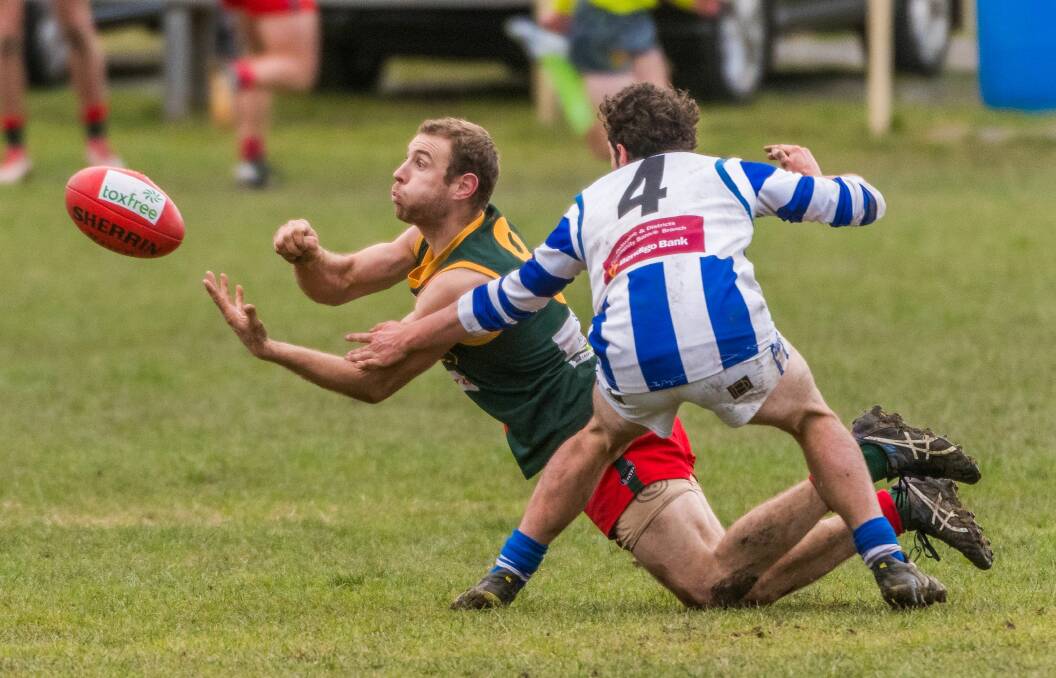 IN THE NICK OF TIME: Bridgenorth forward Nick McElwee fires a handball away from Deloraine's Oliver Smith in the Parrots' big win at home. Picture: Phillip Biggs