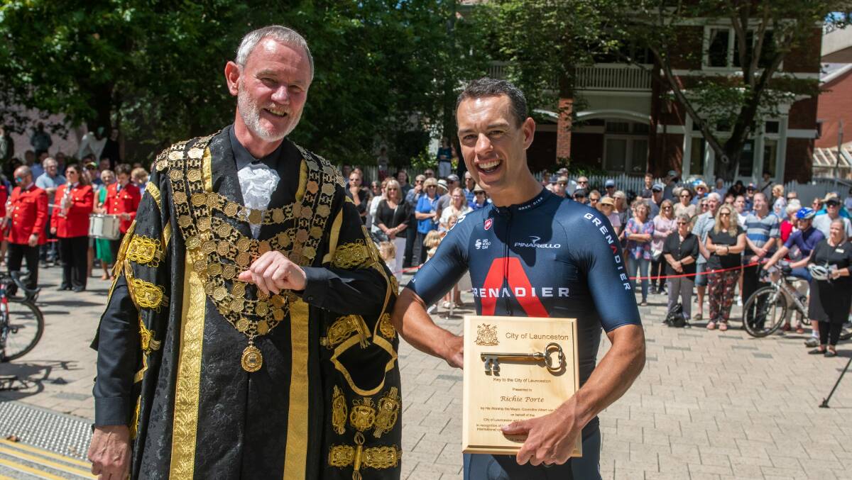 Richie Porte receives the key to Launceston from mayor Albert Van Zetten last month. 