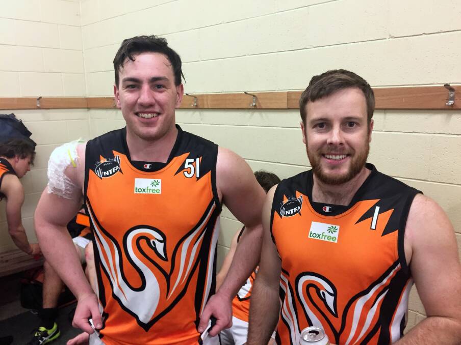 TALISMANIC: East Coast Swans pair Ethan Goldfinch and Nick Child. The Swans have not lost a game since recruiting Goldfinch, while Child won the league goalkicking for the second year running. Picture: Hamish Geale
