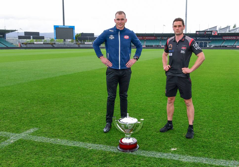 WHITE LINE FEVER: Launceston coach Mitch Thorp and North Launceston coach Taylor Whitford square up ahead of Saturday's grand final. Pictures: Neil Richardson 