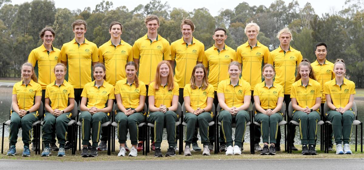 ROWING FOR GOLD: Connor Ryan (back left) and North Esk teammates Connor Ryan (fourth and fifth from left) pose with the Australian team. Picture: Rowing Australia 