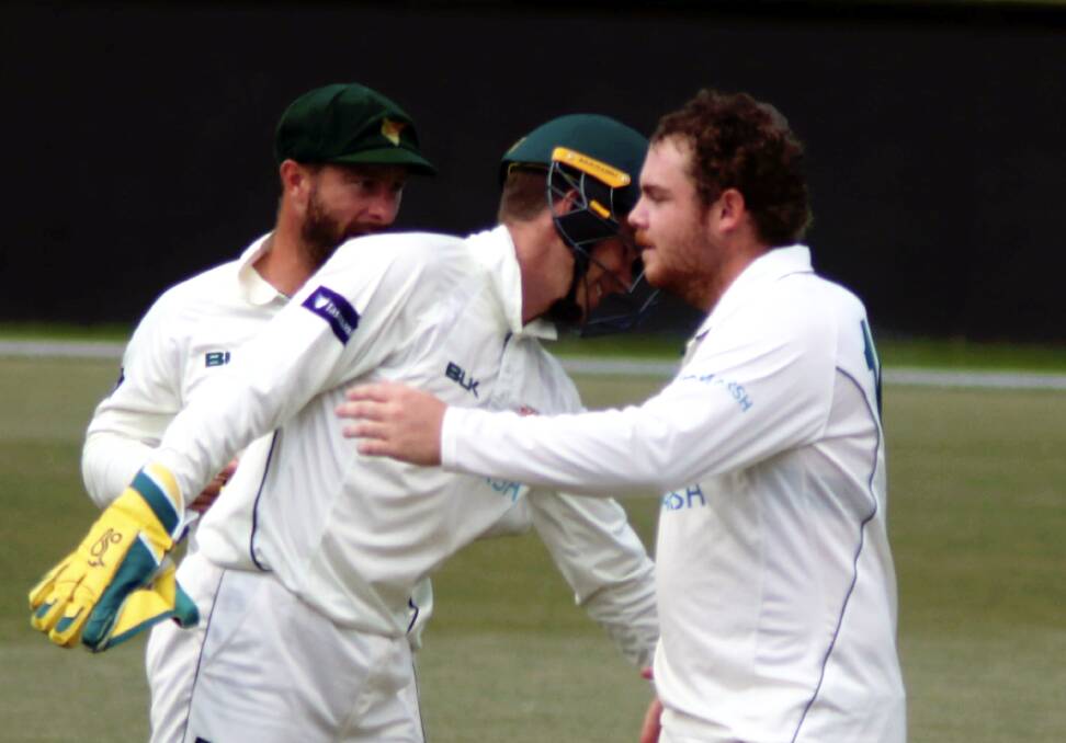 WHO'S WHO: Jarrod Freeman is congratulated on removing New South Wales' Mitchell Starc by Test skipper Tim Paine and Tasmanian skipper Matthew Wade last season. Picture: Rick Smith