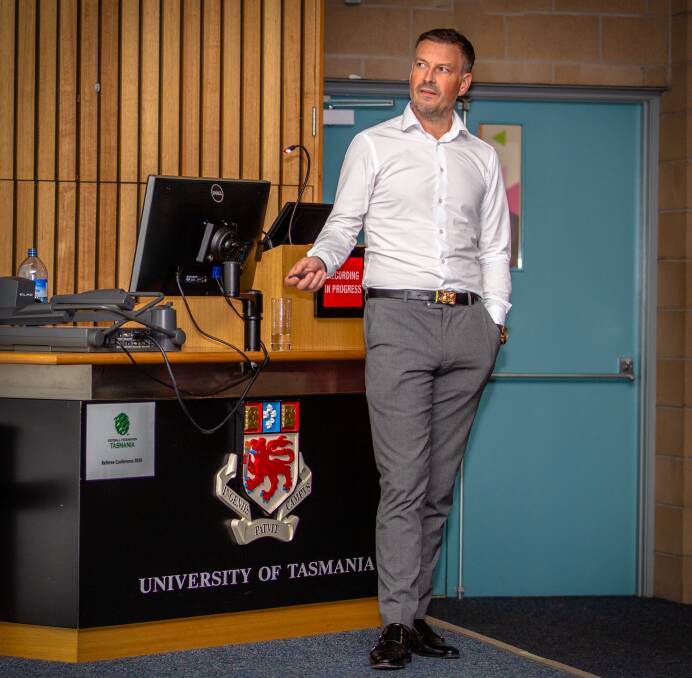 PASSING ON KNOWLEDGE: World renowned referee Mark Clattenburg presents at the University of Tasmania in Launceston last weekend. Pictures: Solstice Digital 