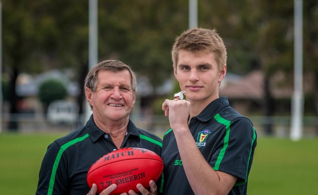 IN THE BLOOD: Launceston teenager Casey Fellows (right) will make his TSL umpiring debut this weekend, following in the footsteps of father Terry. Pictures: Phillip Biggs