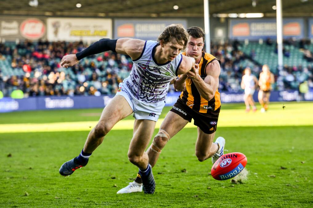 HEAVY ATTENTION: Dockers star Nat Fyfe kept his side in the hunt with three goals in 10 minutes during the second term. Pictures: Scott Gelston