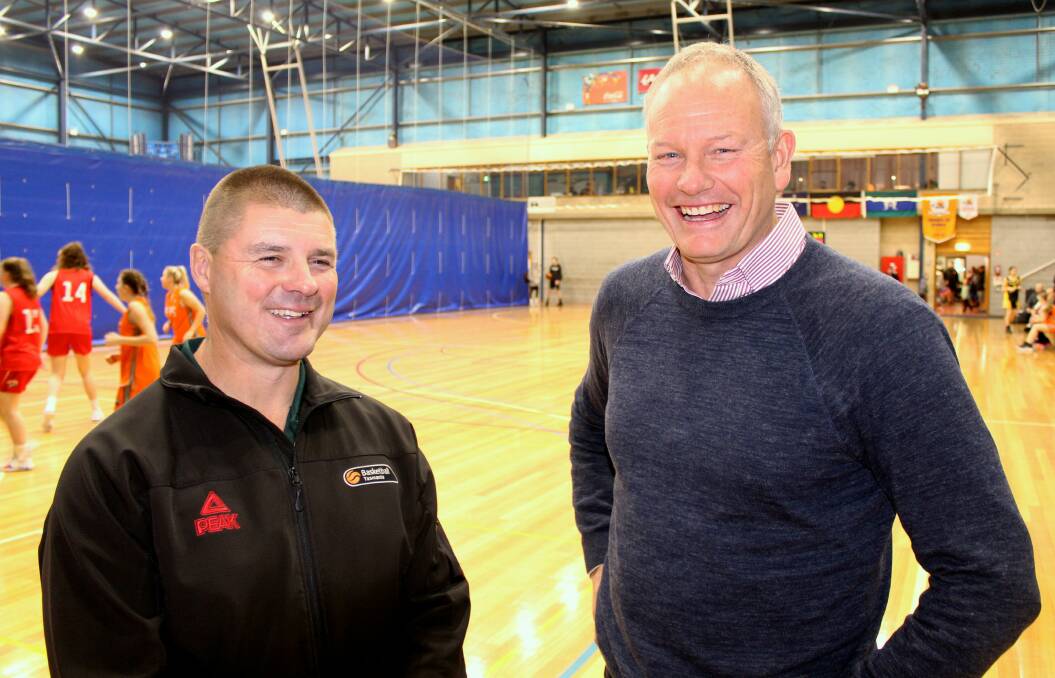 SLAM DUNK: Basketball Tasmania chief executive Chris McCoy with Basketball Australia chairman Ned Coten earlier this year. Picture: Hamish Geale 
