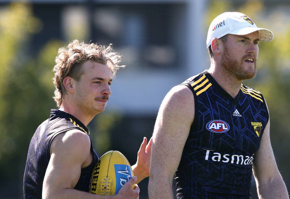 APPRENTICE AND MASTER: Young midfielder James Worpel shares a moment with former Hawks skipper Jarryd Roughead at training. Picture: Wayne Ludbey