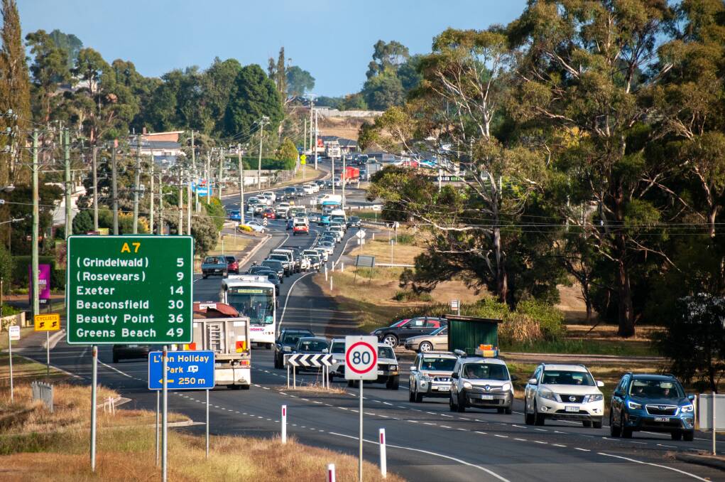 Traffic banks up on the West Tamar Highway in Legana on Monday morning. Pictures by Paul Scambler 