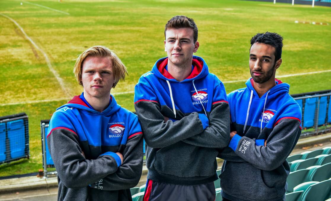 NEW BREED: South Launceston's teenage stars Josh Harris, Bowen Pearce and Gareth Holt prepare for Saturday's grand final. Pictures: Neil Richardson