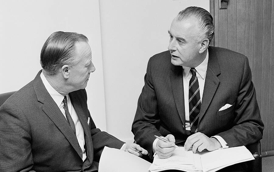 Lance Barnard and Gough Whitlam before the 1969 election. They won next time, in 1972. The two formed a famous duumvirate, in which Barnard took an extraordinary 14 portfolios and Whitlam 13. Picture by National Archives