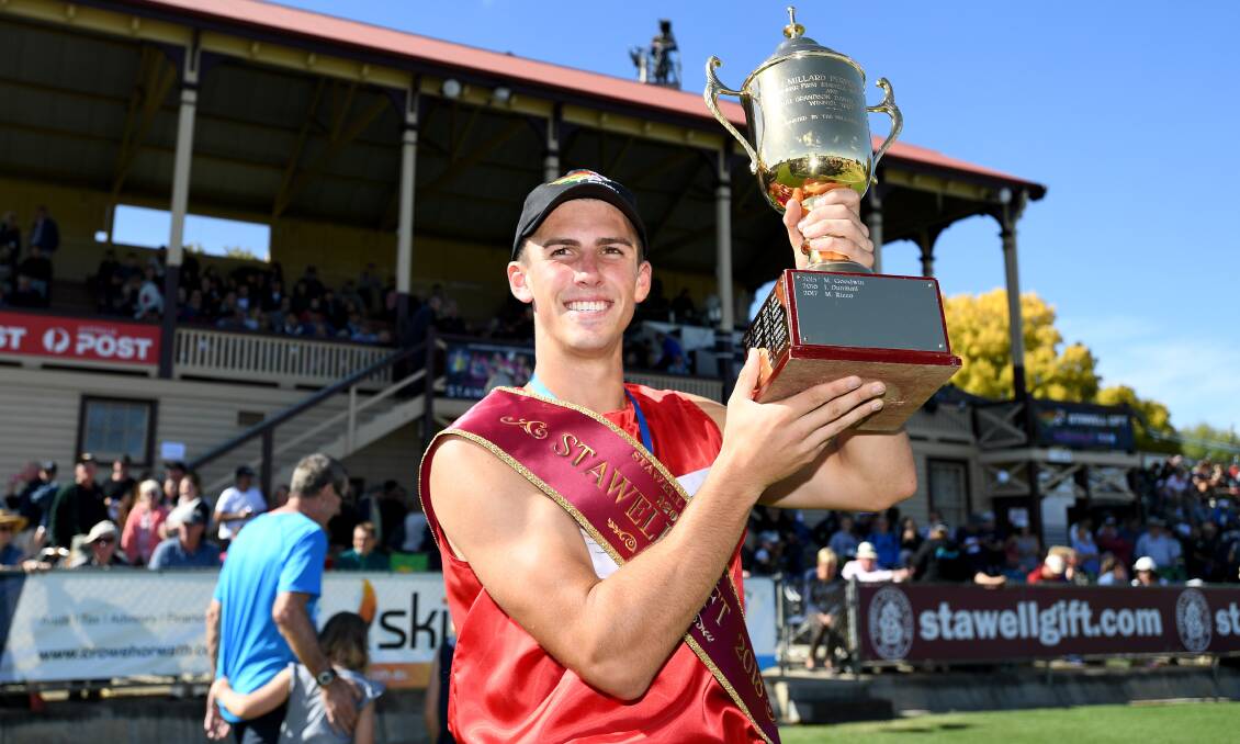 TO THE VICTOR GO THE SPOILS: Tasmanian sprinter Jacob Despard celebrates after winning the 2018 Stawell Gift. Picture: AAP